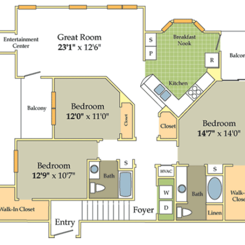 Yorkshire Floor Plan | 3 Bedroom with 2 Bath | 1615 Square Feet | Cason Estates  | Apartment Homes