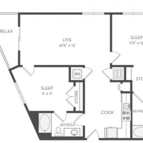 The Kandinsky Floor Plan | 2 Bedroom with 2 Bath | 1133 Square Feet | Cottonwood Westside | Apartment Homes