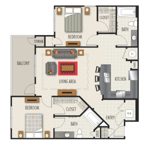 2B Floor Plan | 2 Bedroom with 2 Bath | 1202 Square Feet | Heights at Meridian | Apartment Homes