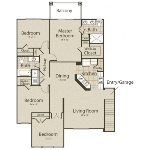The Boardwalk Floor Plan | 4 Bedroom with 2 Bath | 1557 Square Feet | Enclave on Golden Triangle | Apartment Homes