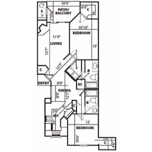 F Classic Floor Plan | 2 Bedroom with 2 Bath | 1207 Square Feet | Pavilions | Apartment Homes