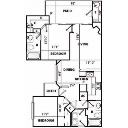 D2 Classic Floor Plan | 2 Bedroom with 2 Bath | 1192 Square Feet | Pavilions | Apartment Homes