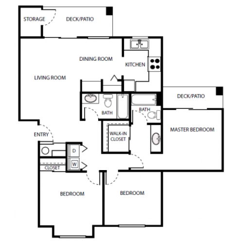 C2 Floor Plan | 3 Bedroom with 2 Bath | 1095 Square Feet | Scott Mountain | Apartment Homes