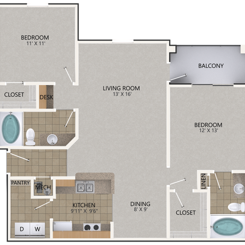 Chestnut Oak Floor Plan | 2 Bedroom with 2 Bath | 1095 Square Feet | Cottonwood Reserve | Apartment Homes