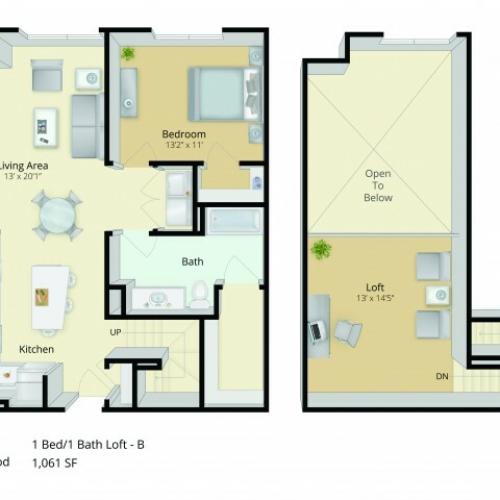 A7L Floor Plan | 1 Bedroom with 1 Bath and Loft | 1061 Square Feet | Cottonwood One Upland | Apartment Homes