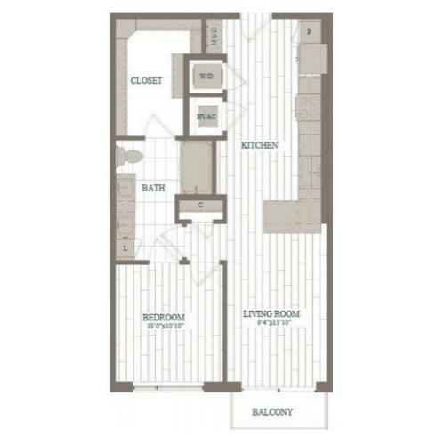 A2-Guggenheim Floor Plan | 1 Bedroom with 1 Bath | 750 Square Feet | The Hudson | Apartment Homes