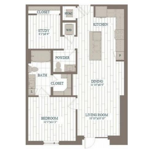 A10-Midtown w/ Study Floor Plan | 1 Bedroom with 1.5 Bath | 897 Square Feet | The Hudson | Apartment Homes