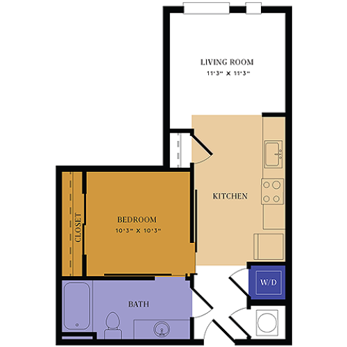 S2 Floor Plan | Studio with 1 Bath | 601 Square Feet | Alton East| Apartment Homes