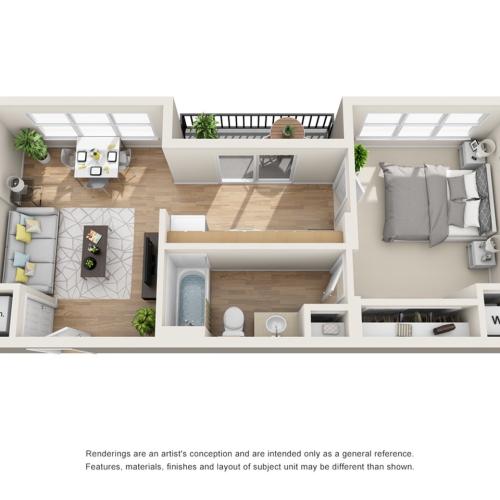 The Impressionist Floor Plan | 1 Bedroom 1 Bath | 602 Square Feet | Cottonwood Bayview | Apartment Homes