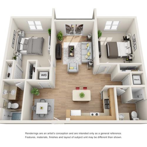 The Renaissance Floor Plan | 2 Bedroom 2 Bath | 1098 Square Feet | Cottonwood Bayview | Apartment Homes