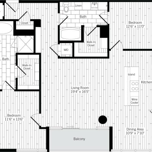 1396 square foot two bedroom two bath apartment floorplan image