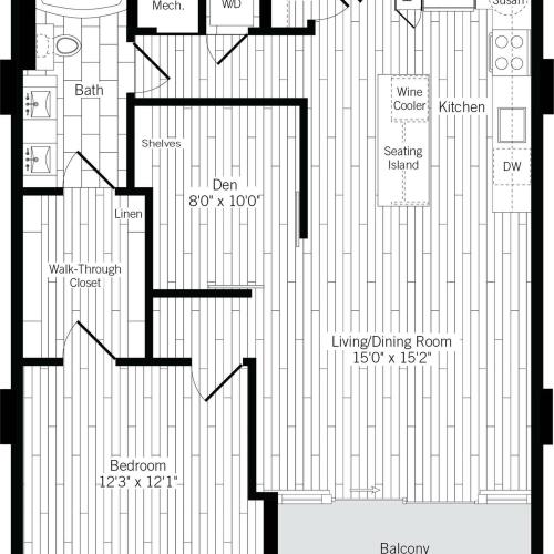 951 square foot one bedroom one bath with den apartment floorplan image