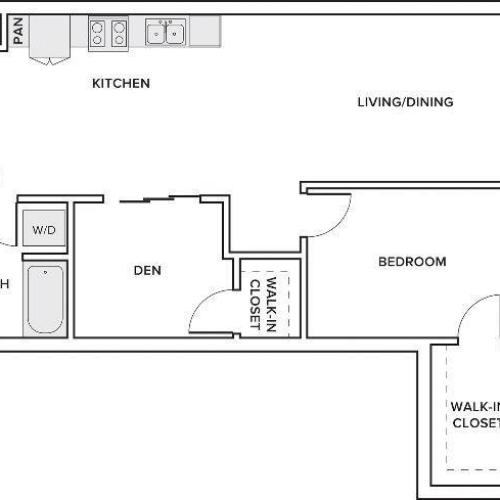 930 square foot one bedroom one bathroom den floorplan image