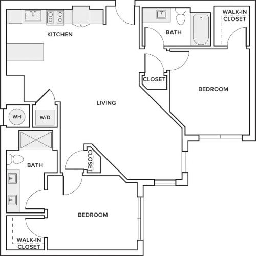 1121 square foot two bedroom two bath apartment floorplan image