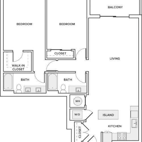 1246 square foot two bedroom two bath apartment floorplan image