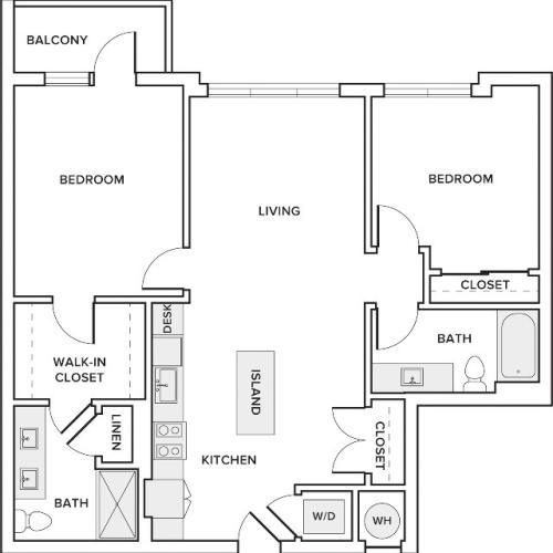 1047 square foot two bedroom two bath apartment floorplan image
