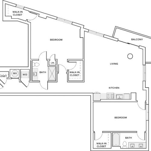 1497 square foot two bedroom two bath apartment floorplan image
