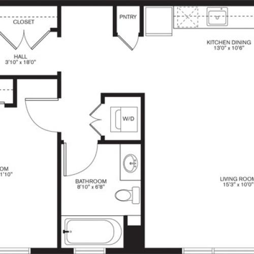 706 square foot one bedroom one bath apartment floorplan image
