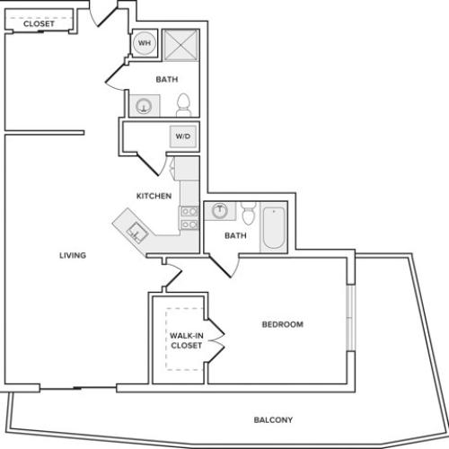 954 square foot renovated one bedroom two bath apartment floorplan image