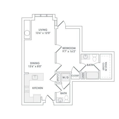838 square foot one bedroom one bath apartment floorplan image