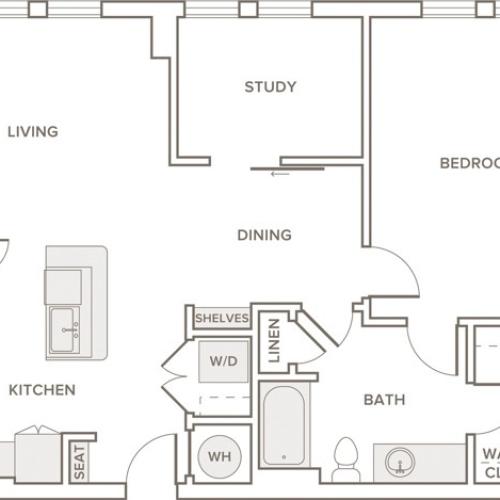933 to 991 square foot one bedroom one bath apartment floorplan image