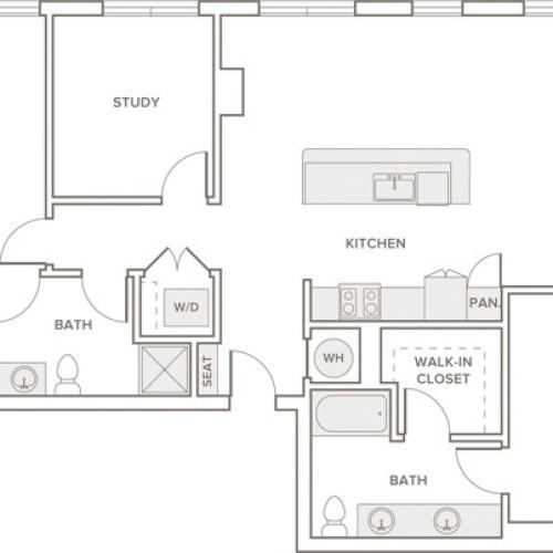 1450 square foot two bedroom two bath apartment floorplan image