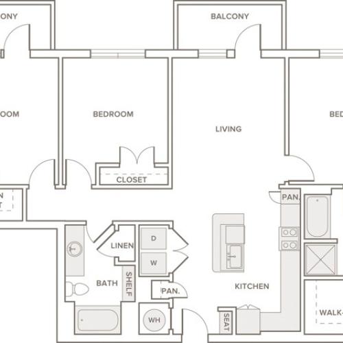 1394 square foot three bedroom two bath apartment floorplan image