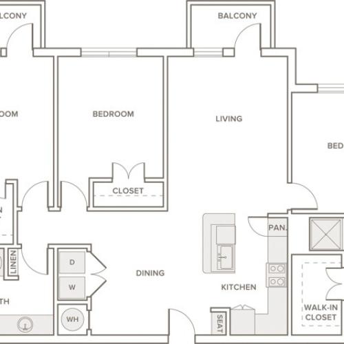 1425 to 1460 square foot three bedroom two bath apartment floorplan image