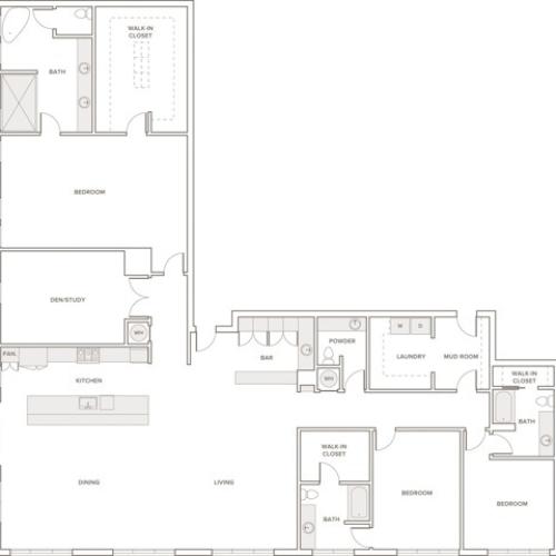 3678 square foot three bedroom three and a half bath apartment floorplan image
