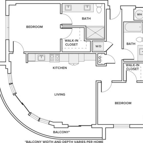 1080 square foot two bedroom two bath apartment floorplan image