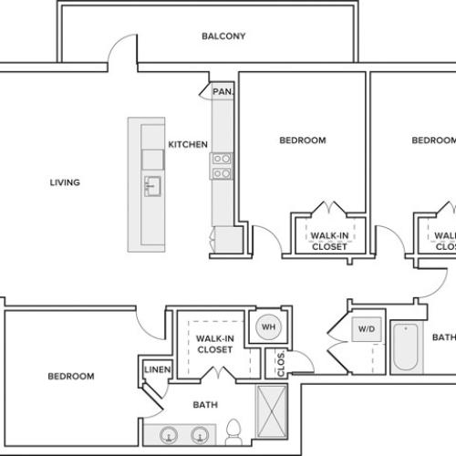 1411 square foot three bedroom two bathroom apartment floorplan image