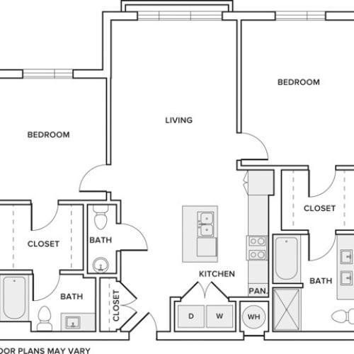 1185 square foot two bedroom two bath apartment floorplan image