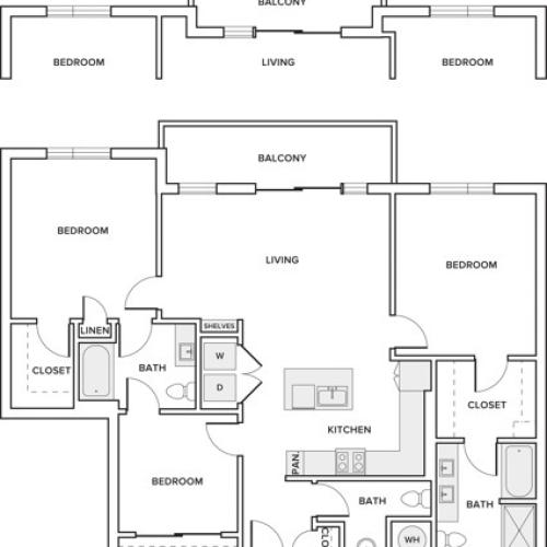 1379 square foot three bedroom two bath apartment floorplan image