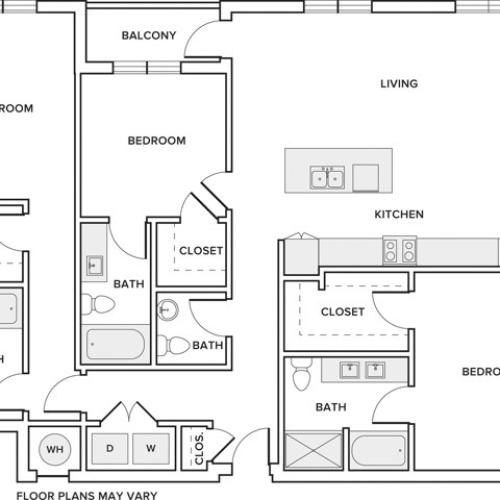 1658 square foot three bedroom three and half bath apartment floorplan image
