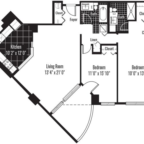 1160 square foot two bedroom two bath apartment floorplan image