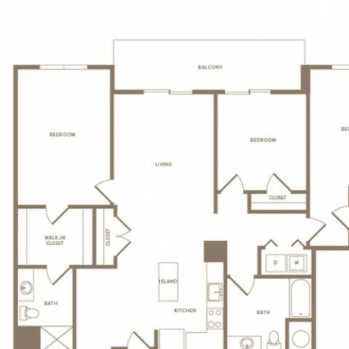 1517 square foot three bedroom two bath apartment floorplan image