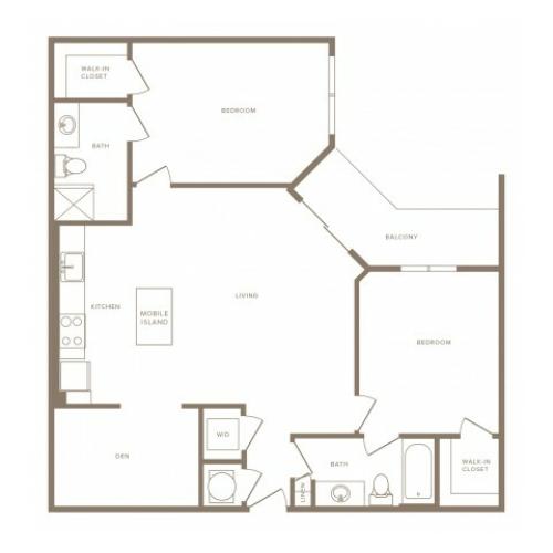 1163 square foot two bedroom two bath with den apartment floorplan image