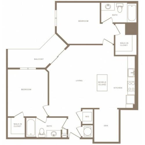 1055 square foot two bedroom two bath with den apartment floorplan image