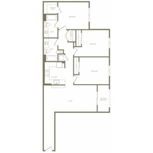 1307 square foot three bedroom two bath apartment floorplan image