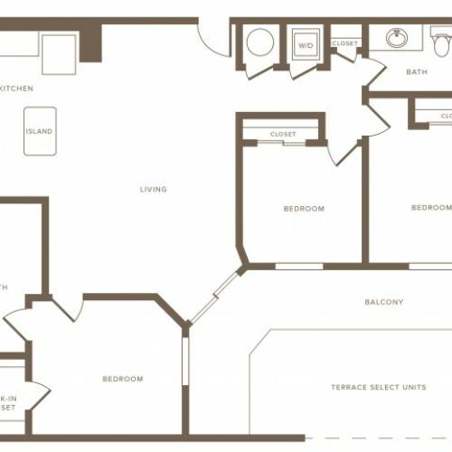 square foot three bedroom two bath phase II apartment floorplan image