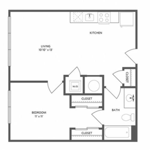 600 square foot one bedroom one dual access bath apartment floorplan image