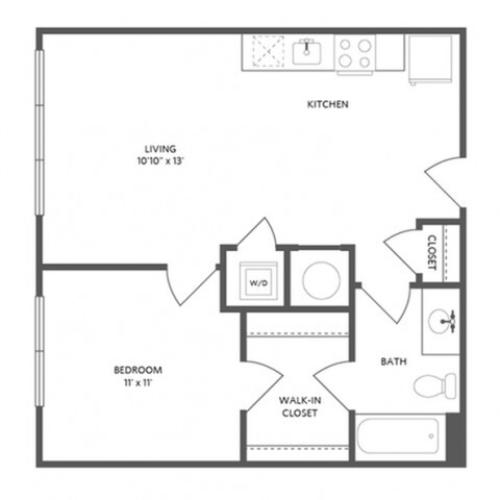 600 square foot one bedroom with walk-in closet one dual access bath apartment floorplan image