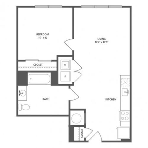 673 square foot one bedroom one bath apartment floorplan image