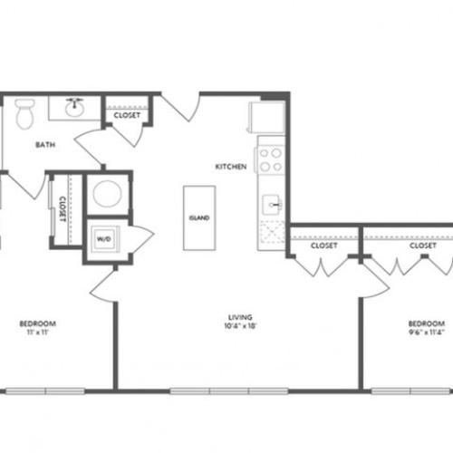 798 square foot two bedroom one bath apartment floorplan image