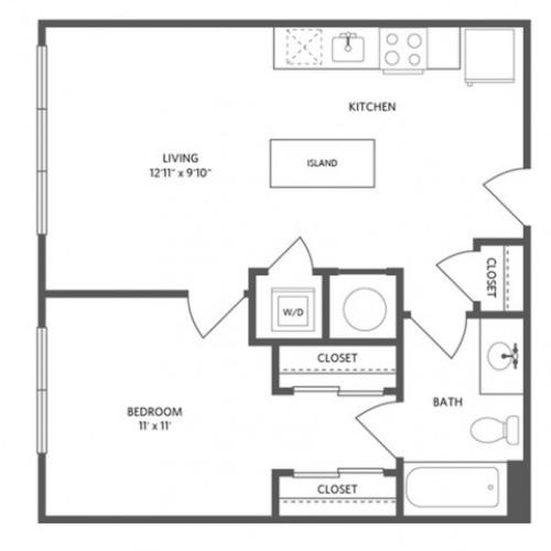 596 square foot one bedroom one bath apartment floorplan image