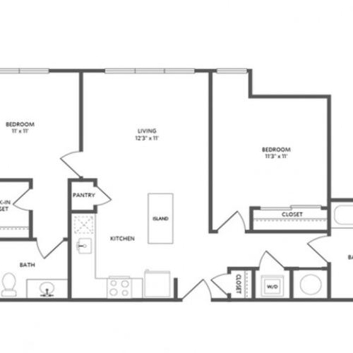 897 square foot two bedroom two bath apartment floorplan image