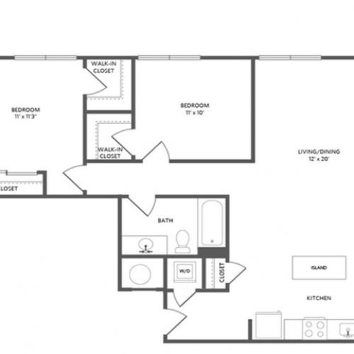 square foot two bedroom one bath apartment floorplan image
