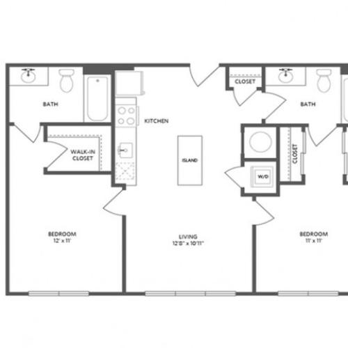 864 square foot two bedroom two bath apartment floorplan image