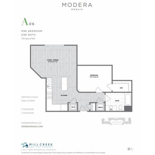 725 square foot one bedroom one bath apartment floorplan image
