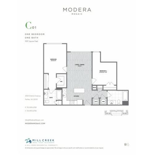 989 square foot two bedroom two bath apartment floorplan image
